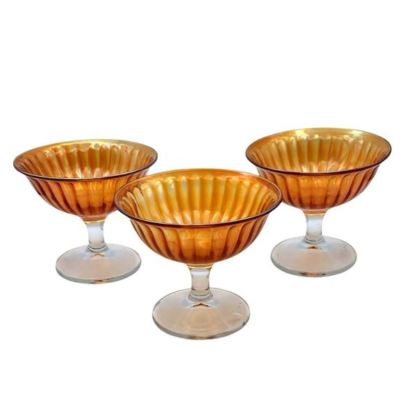 Vintage Imperial Smooth Rays Marigold Carnival Glass Sherbet Dishes Set Of 3 - Picture 1 of 5